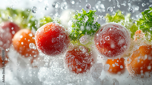 Red tomatoes and green lettuce surrounded by icy crystals and splashes of water, evoking a feeling of crisp coolness and healthy vitality