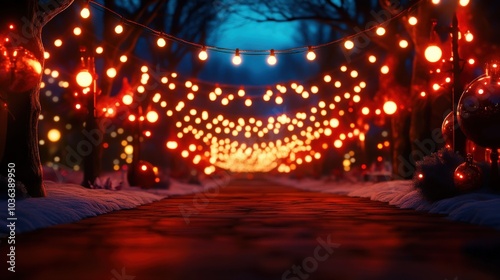 Enchanting outdoor scene with glowing holiday lights illuminating a snowy path.