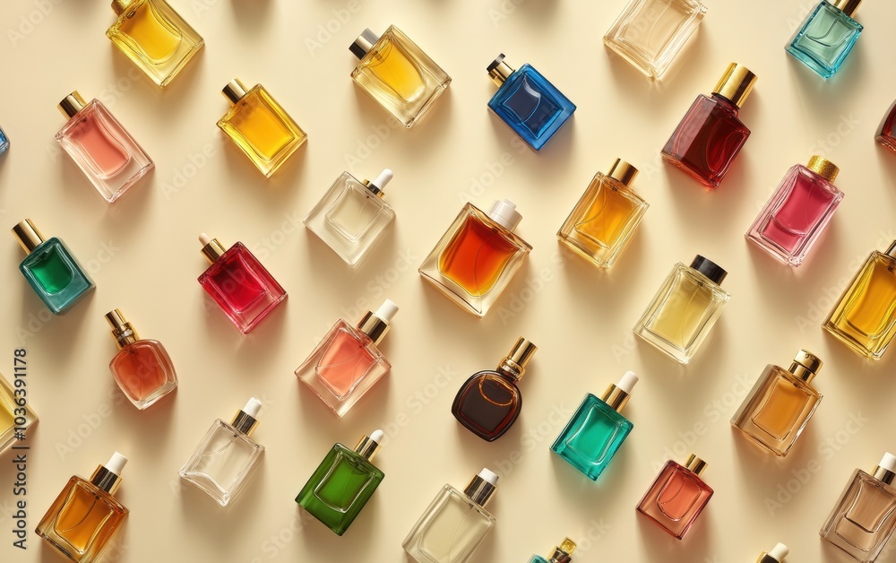 A stylish flat lay showcasing a collection of perfume and eau de toilette bottles on a beige background A stylish flat lay showcasing a collection of perfume and eau de toilette bottles on a beige background