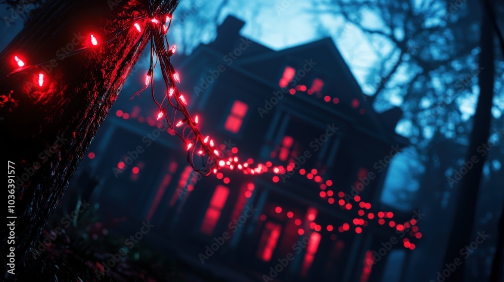 Haunted house with eerie red lights in a dark, foggy forest setting. Haunted house with eerie red lights in a dark, foggy forest setting.
