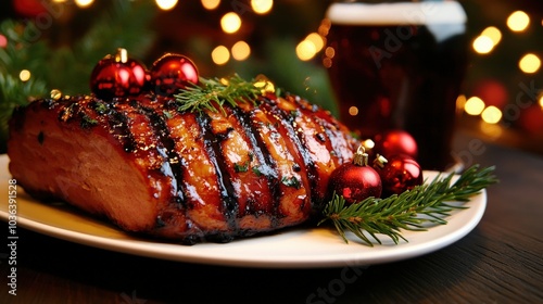 Grilled meat with festive decorations, white isolated background