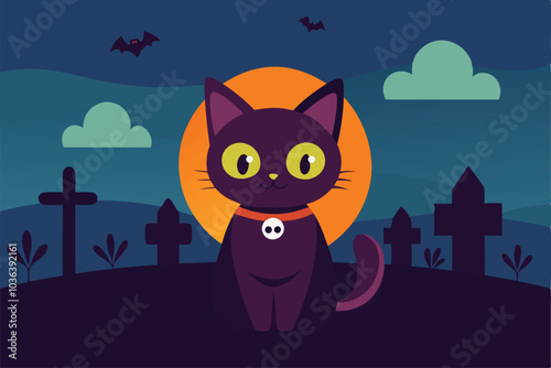 Halloween black hunted cat and castle background - Generative AI