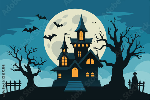 Halloween hunted house scary pumpkin laughing at night background - Generative AI