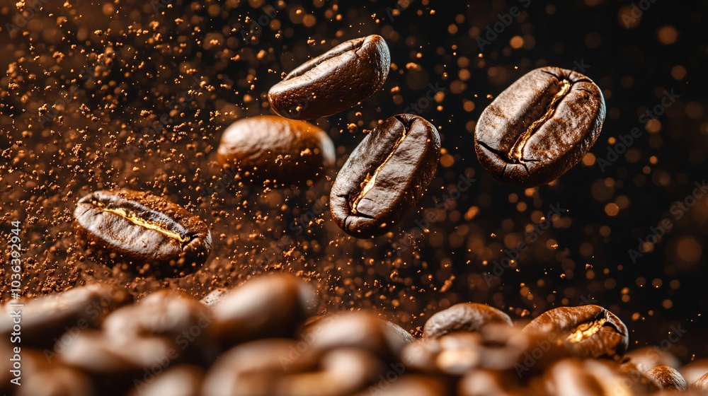 Close-up of Coffee Beans Gently Falling Close-up of Coffee Beans Gently Falling