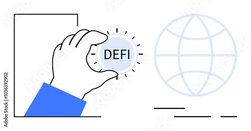 Hand holding DEFI coin to highlight decentralized finance. Ideal for blockchain, cryptocurrencies, financial technology, global economy, and digital innovation. Simple modern style