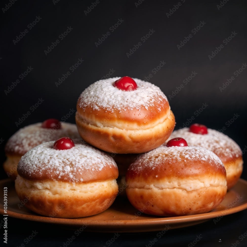 Delicious jelly-filled sufganiyot with powdered sugar on a plate against a dark background
Delicious jelly-filled sufganiyot with powdered sugar on a plate against a dark background