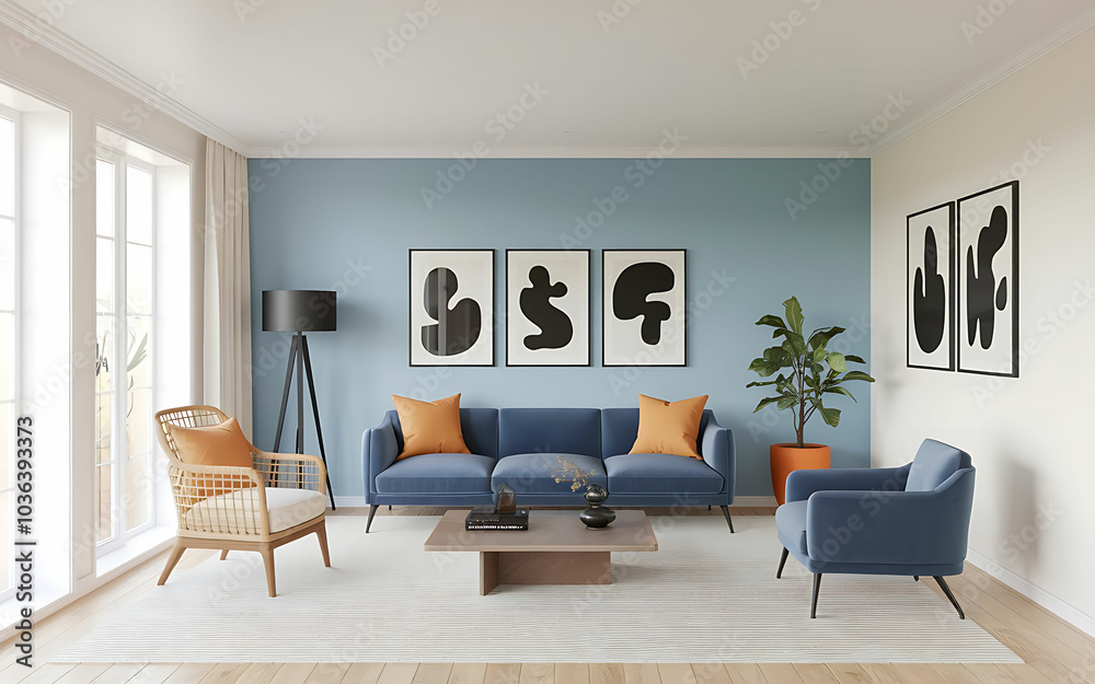 Fototapeta premium Minimalist Scandinavian Interior Blue Sofa & Recliner in Modern Living Room