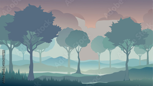Trees fading into the distance their outlines blurred by the ethereal fog.