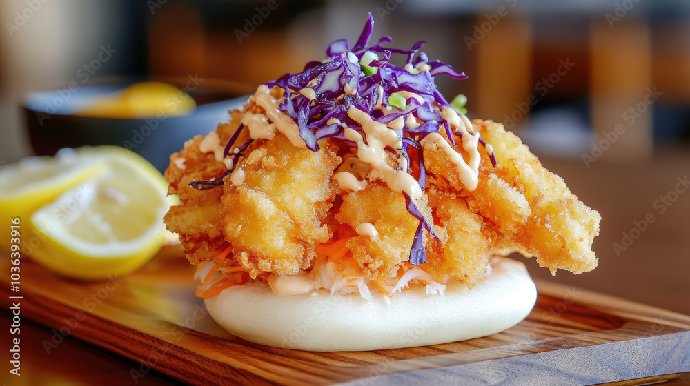 A bao bun filled with crispy tempura fish, shredded cabbage, and a drizzle of spicy mayo, served on a wooden board with lemon wedges --chaos A bao bun filled with crispy tempura fish, shredded cabbage, and a drizzle of spicy mayo, served on a wooden board with lemon wedges --chaos