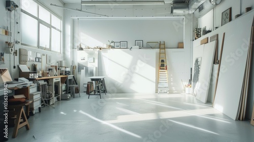 Minimalist maker space, soft lighting