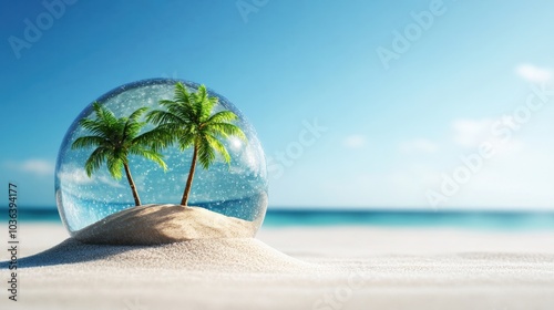 Tropical island scene inside a snow globe on a sandy beach.