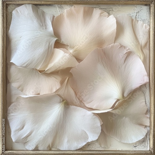 An artistic representation of delicate flower petals in soft colors, elegantly framed in a vintage gold border, creating a serene atmosphere