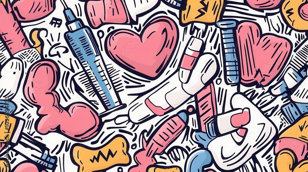 Obraz premium Colorful doodle pattern featuring hearts, syringes, pregnancy tests, and medical elements on a white background. Fun and quirky design.