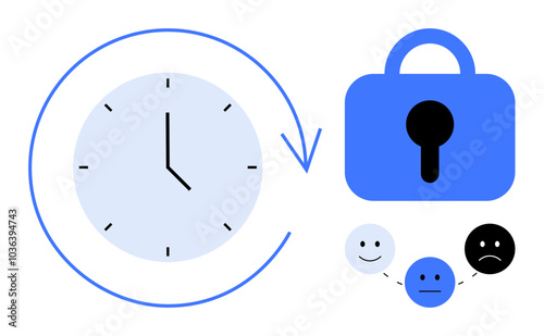 Blue clock with an arrow circle, symbolizing time management, next to a padlock, indicating security. Below are emoticons expressing happiness, neutrality, and sadness. Ideal for productivity