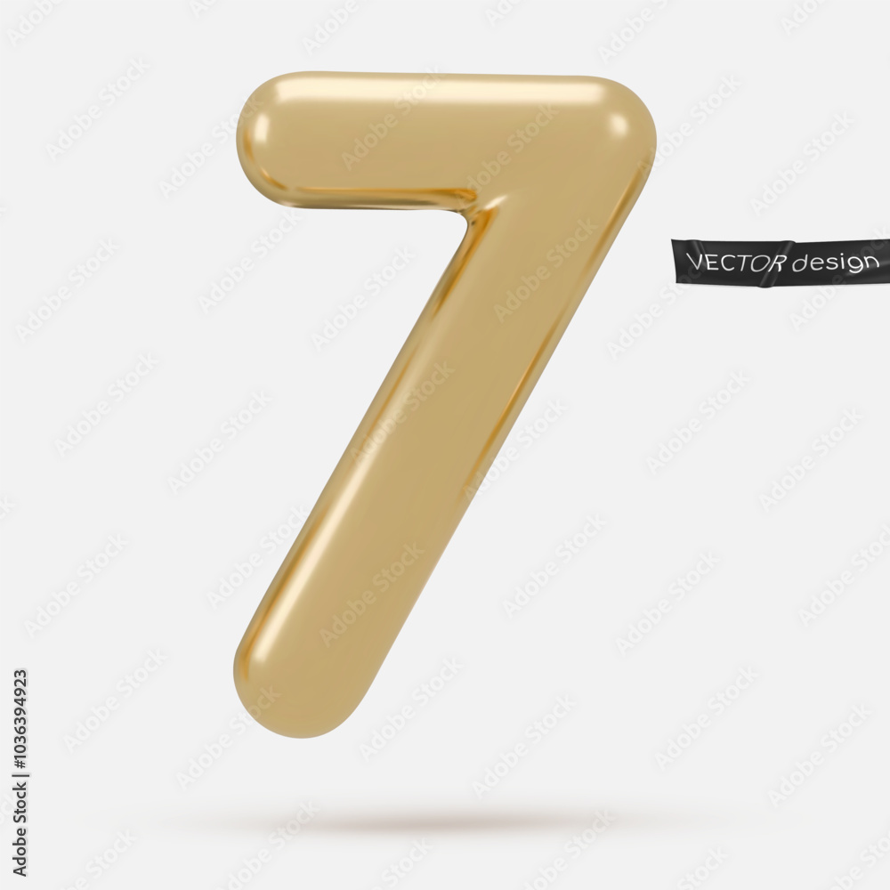 Golden icon, 3d render number 7, seven, sign. Realistic design element. Vector illustration isolated on white background for postcard, icons, poster, banner, web, design, arts Golden icon, 3d render number 7, seven, sign. Realistic design element. Vector illustration isolated on white background for postcard, icons, poster, banner, web, design, arts