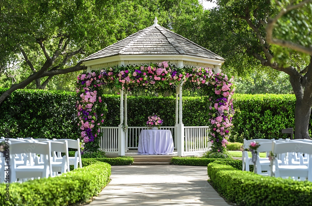 Obraz premium A beautiful white gazebo decorated with vibrant pink, purple, and green flowers is set in the middle of an elegant garden wedding ceremony decor 