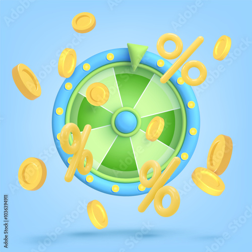 3d game icon. Wheel of fortune, roulette with golden falling money, coin, percent isolated on blue background. Vector illustration for postcard, icons, poster, banner, web, design, arts