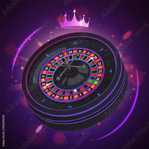 Black casino roulette wheel with wood desk and cells, neon purple crown on black background with pink circles light, rays, glare, sparkles. Vector illustration for casino, game design, advertising