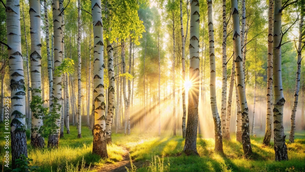 Obraz premium Sunlight Illuminates a Path Through a Birch Forest, Creating an Enchanting Scene of Tranquility and Renewal