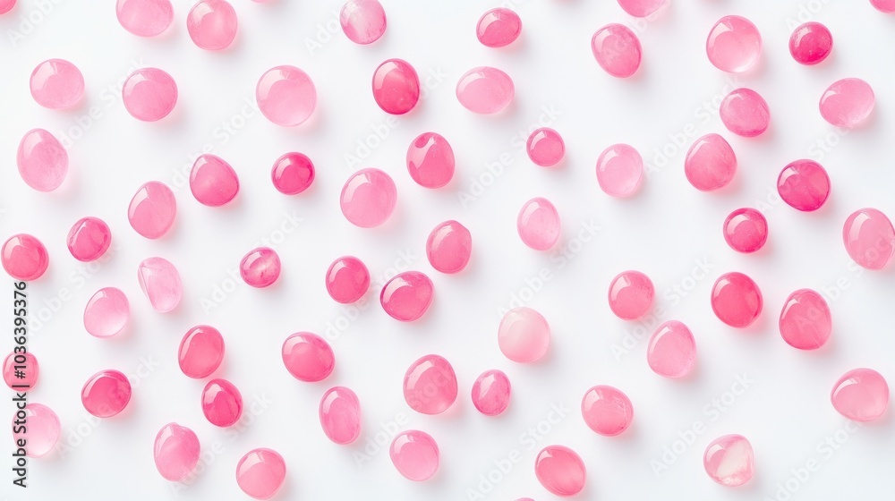 Aesthetic arrangement of pink decorative gems on white surface Aesthetic arrangement of pink decorative gems on white surface