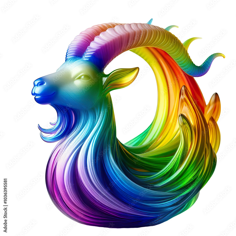 Obraz premium A glass sculpture of a beautiful goat, gradient of rainbow colors isolated on white background PNG