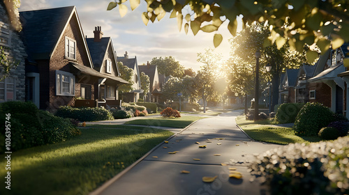 Real Estate - A serene suburban street with houses, trees, and sunlight filtering through leaves.