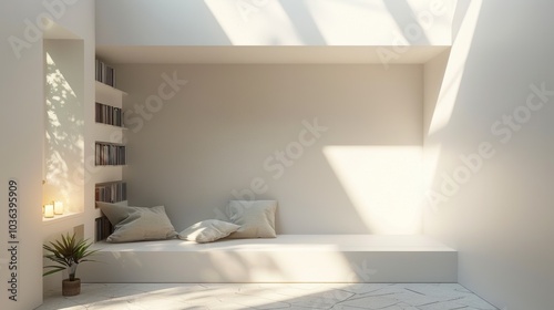 Minimalist reading nook, soft lighting