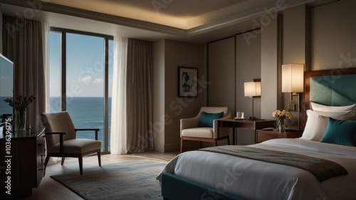 Modern hotel bedroom with a sea view