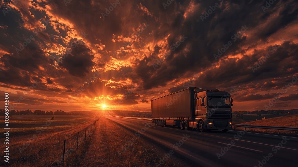 Dramatic sunset over a highway with a truck driving, capturing the essence of a scenic and serene evening journey through open roads. Dramatic sunset over a highway with a truck driving, capturing the essence of a scenic and serene evening journey through open roads.