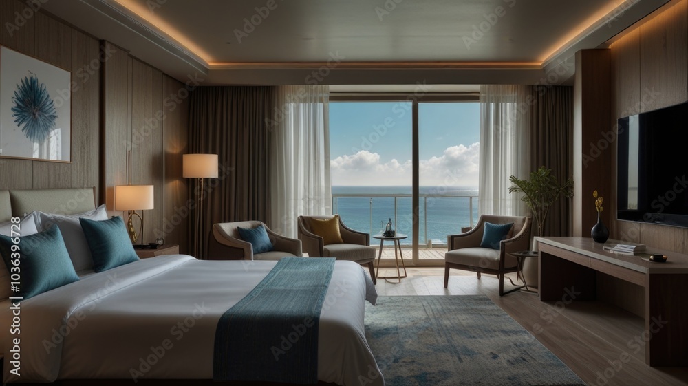 Modern hotel bedroom with a sea view Modern hotel bedroom with a sea view