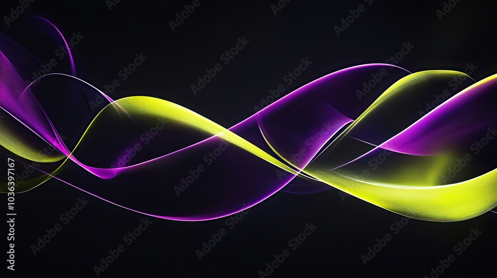 Abstract Neon Yellow and Purple Swirls on Black Background