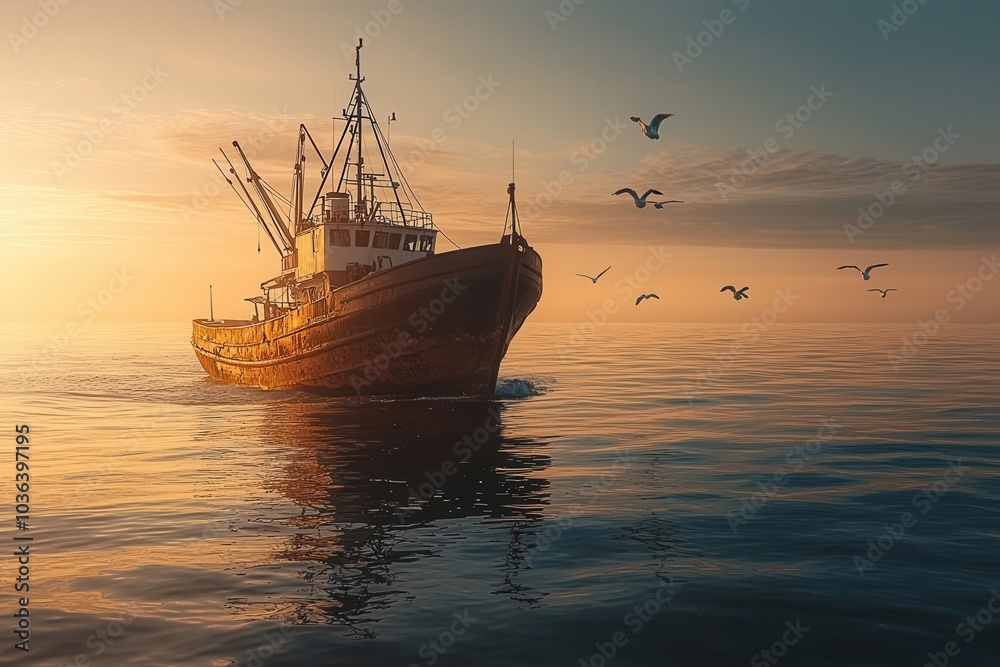 Fishing boat sails into sunset over calm ocean waters with seagulls flying overhead, creating a serene and picturesque maritime scene. Fishing boat sails into sunset over calm ocean waters with seagulls flying overhead, creating a serene and picturesque maritime scene.