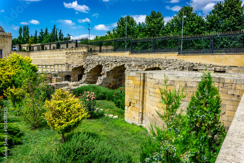 Exterior of the ruins of oldest mosque in Azerbaijan c.743 and renovated new mosque in Shemakhi (Shemakha) city as seen in August 2024.