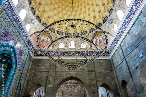 Interior of the oldest mosque in Azerbaijan c.743 recently renovated in Shemakhi (Shemakha) city as seen in August 2024.