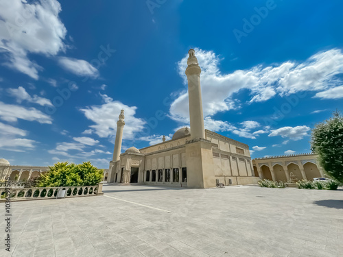 Exterior of the ruins of oldest mosque in Azerbaijan c.743 and renovated new mosque in Shemakhi (Shemakha) city as seen in August 2024. photo