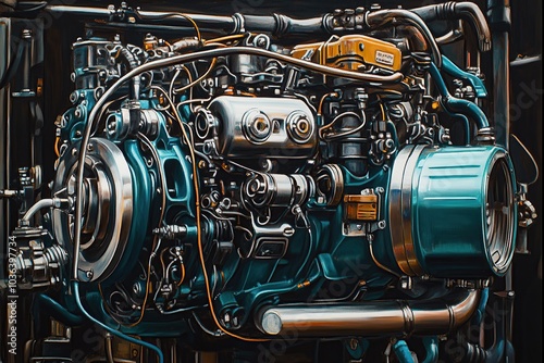 A close-up of an engine with teal and silver accents, showcasing its high-tech design