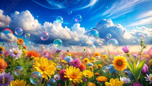 A Field of Blossoms with Delicate Bubbles Floating in the Air, Creating a Dreamy and Ethereal Atmosphere #1036397786