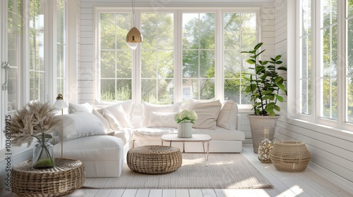 Minimalist sunroom, soft lighting