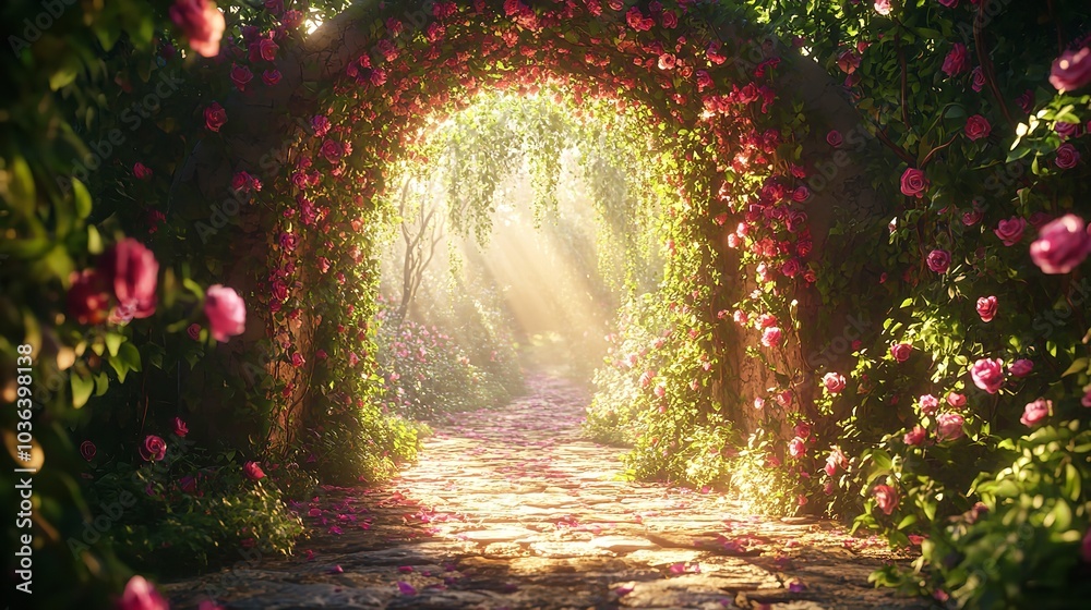 Fototapeta premium A Beautiful Archway Covered in Ivy and Blooming Flowers for Enchanting Garden Decor