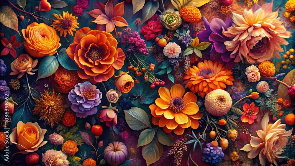 A symphony of vibrant colors and textures, where petals unfurl, revealing an opulent garden of dreams A symphony of vibrant colors and textures, where petals unfurl, revealing an opulent garden of dreams