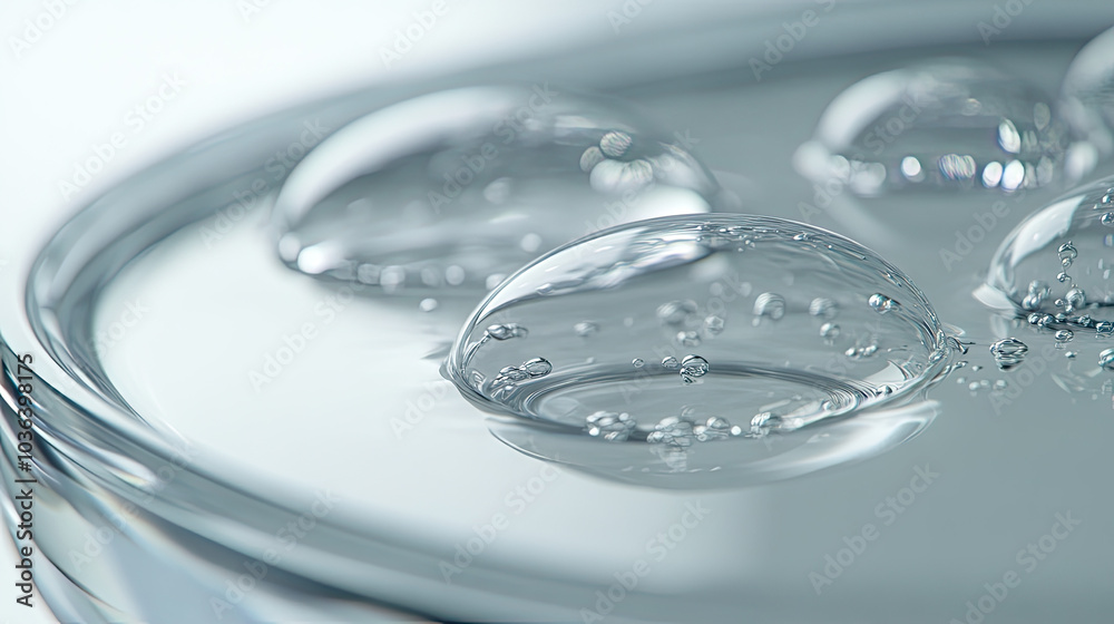 A close-up of a petri dish holding several transparent serum droplets, each one perfectly formed. The smooth, sterile background enhances the focus on the delicate liquid drops. A close-up of a petri dish holding several transparent serum droplets, each one perfectly formed. The smooth, sterile background enhances the focus on the delicate liquid drops.