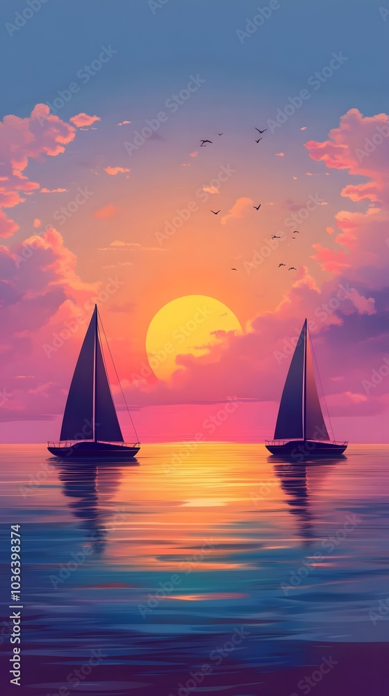 Fototapeta premium 119. A serene sunset over a tranquil sea, with sailboats silhouetted against the horizon