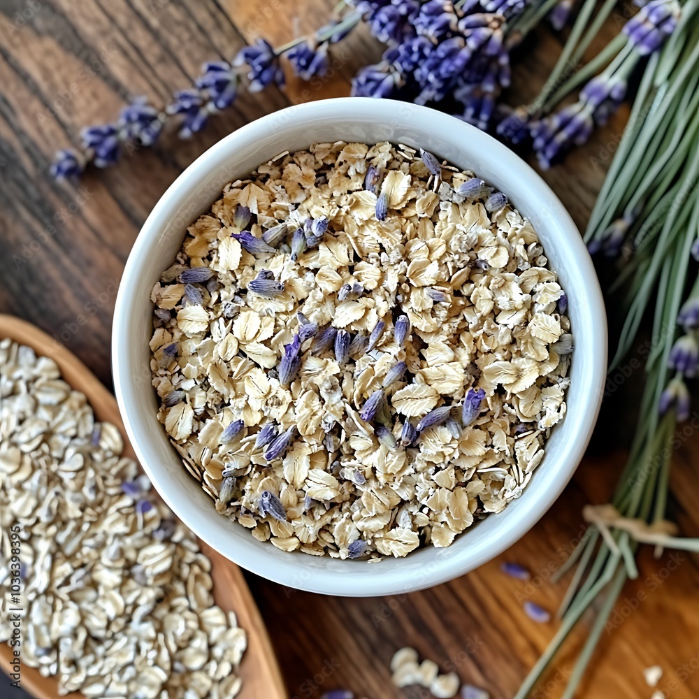 Bowl of Oatmeal with Dried Lavender Buds.