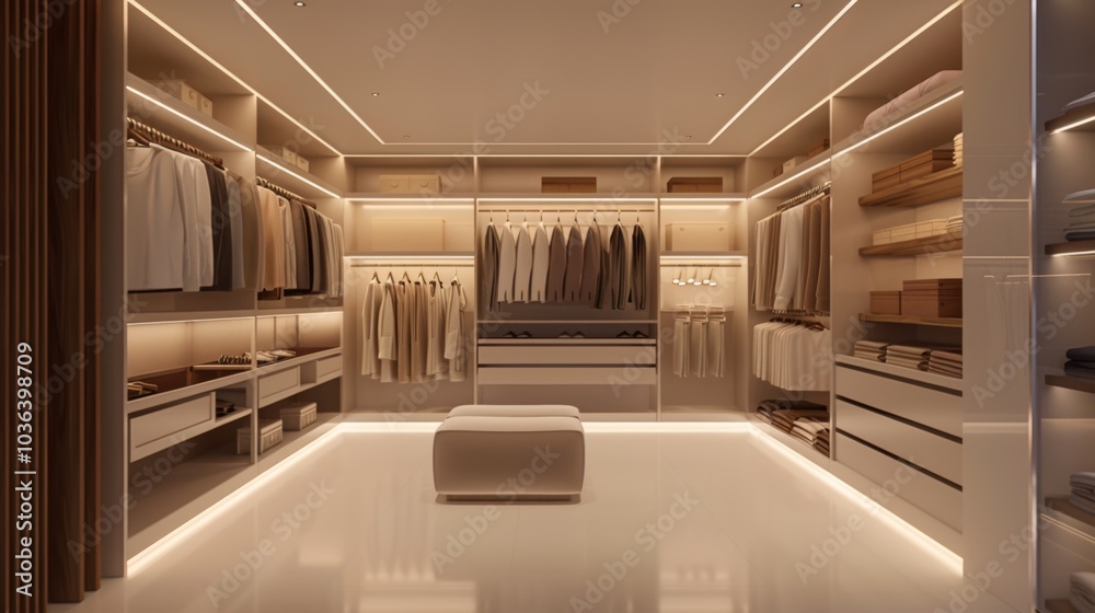 Obraz premium Minimalist walk-in closet, soft lighting