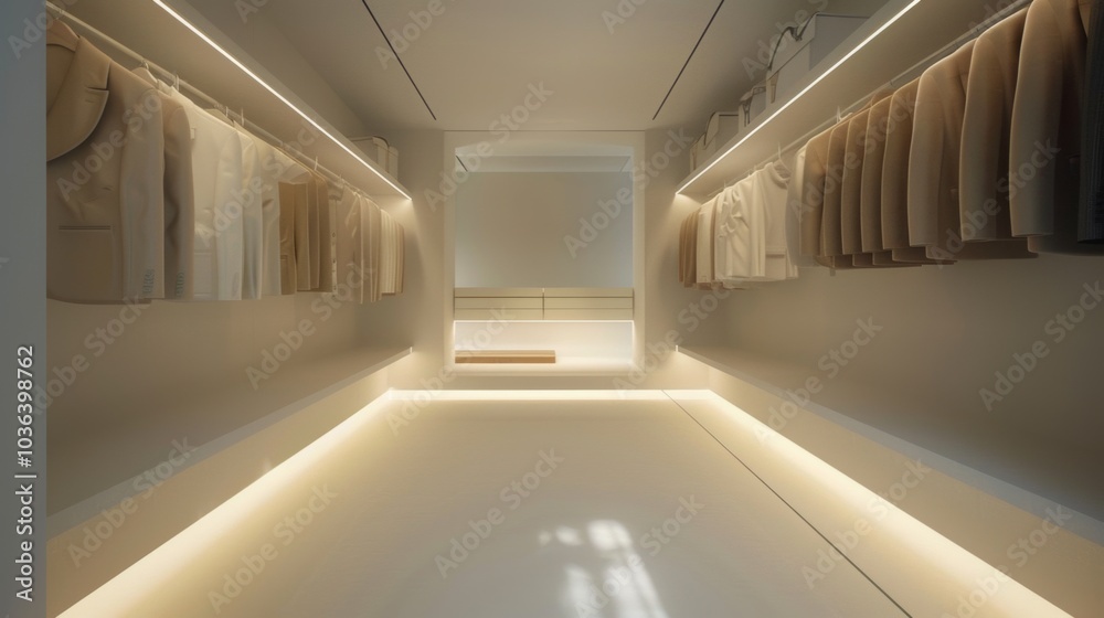 Obraz premium Minimalist walk-in closet, soft lighting