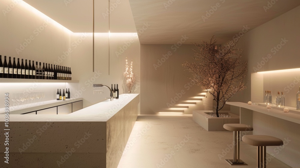Minimalist wine bar, soft lighting