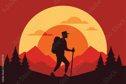 man hiking sport with sunset vector background