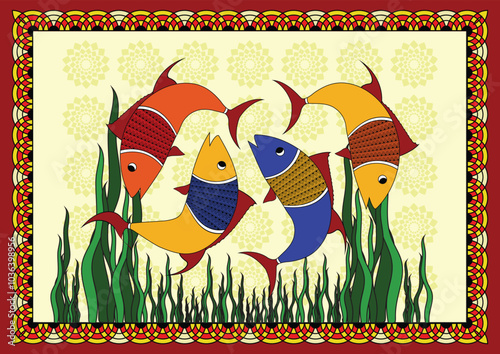 Whispers of the Deep: A Serene Gond Artwork of Enchanting Fish. Gond fish painting, Indian folk art fish, Tribal fish artwork, Gond aquatic art.