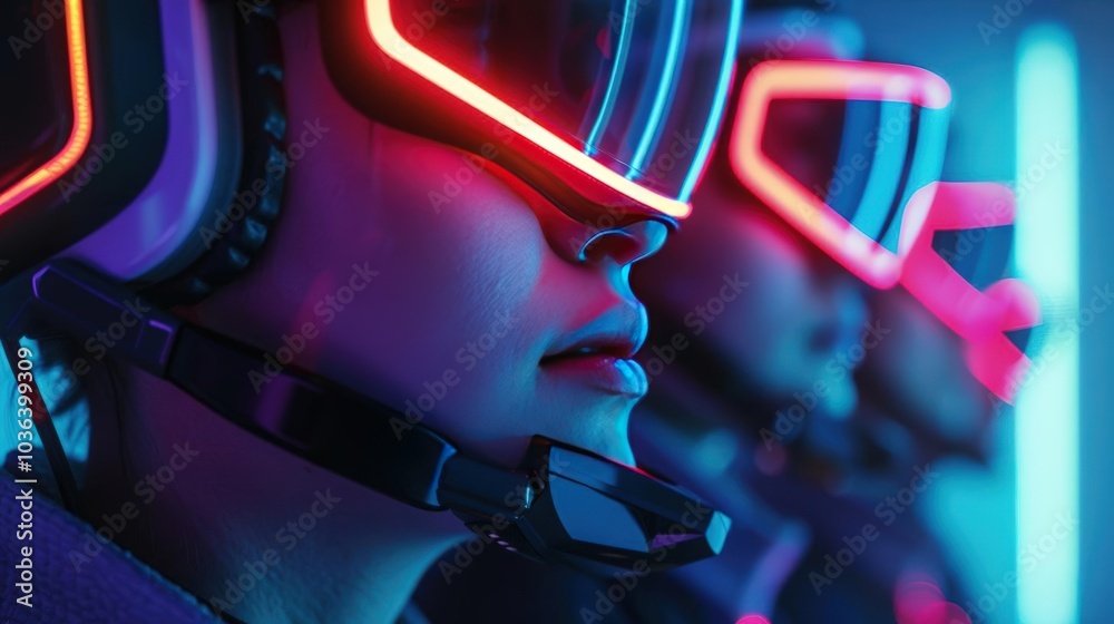 A Close-up Shot of a Futuristic group of people with neon accents and abstract patterns A Close-up Shot of a Futuristic group of people with neon accents and abstract patterns