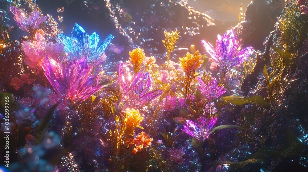 Fototapeta premium Futuristic Flowerbed with Glowing Flowers in a Vibrant Pastel Colored Garden Scene
